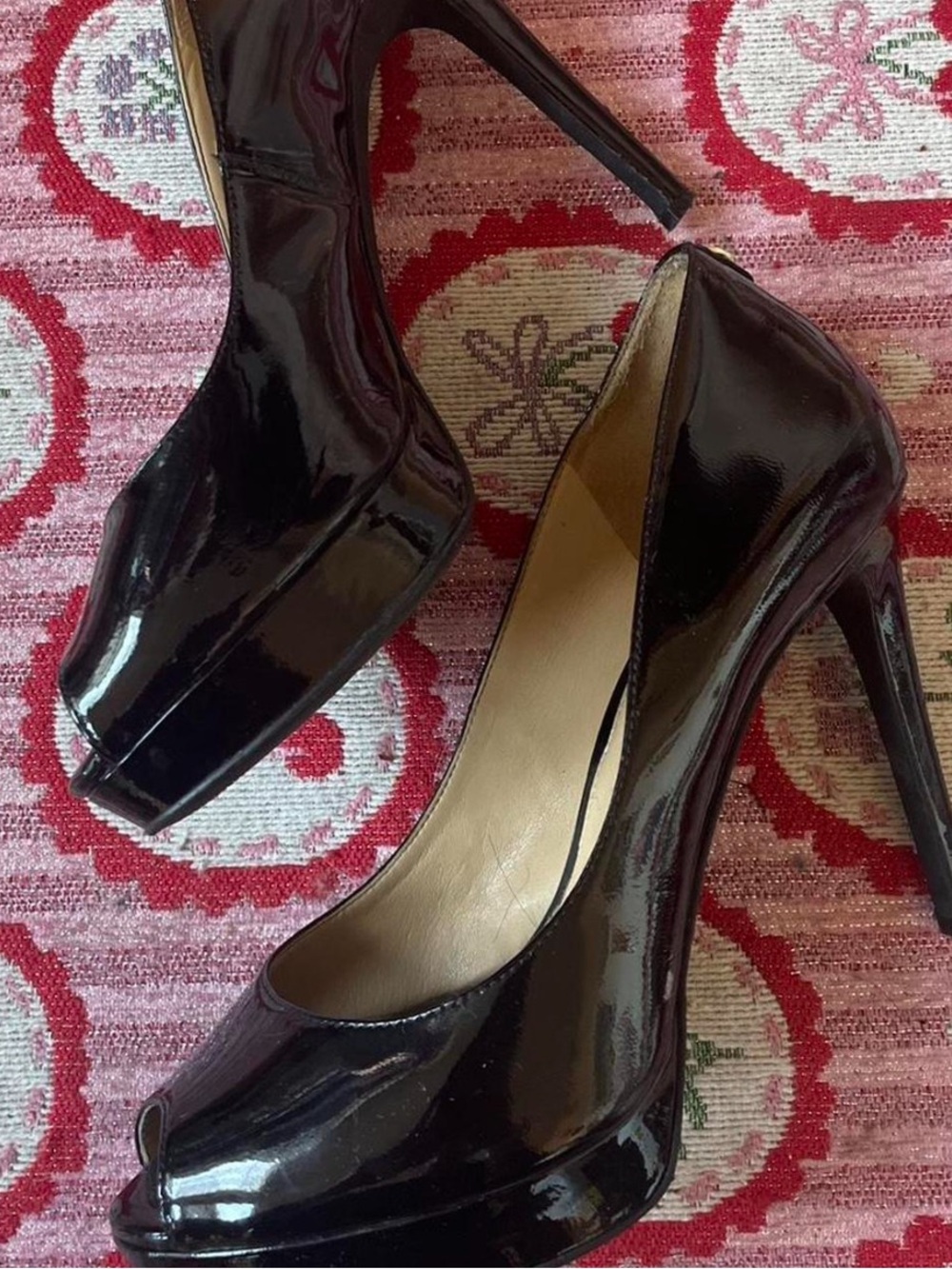 Black Patent Peep-Toe High Heels